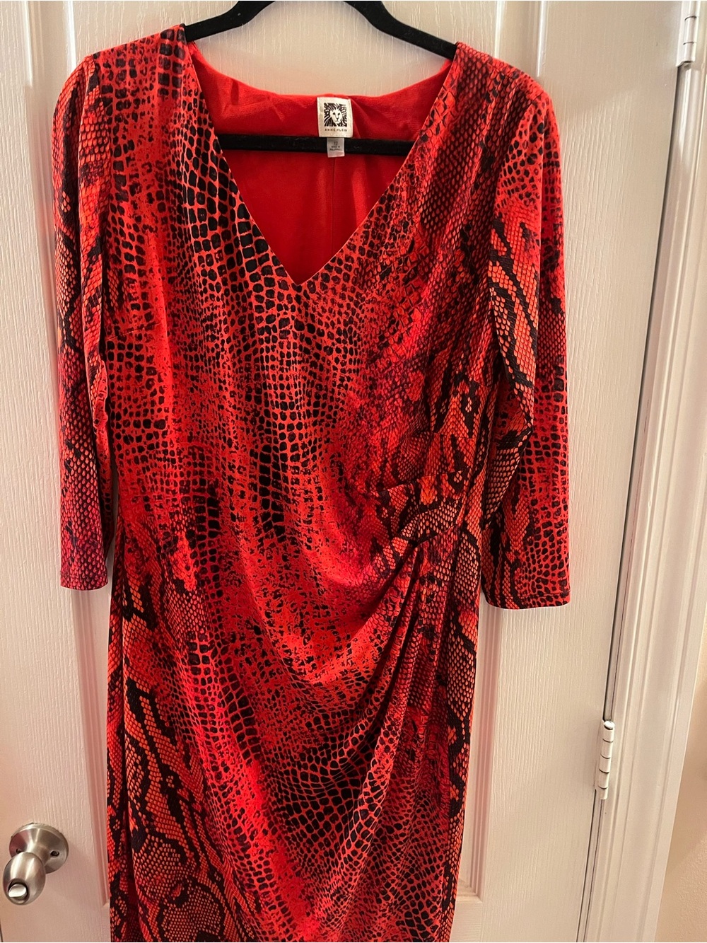 Anne Klein Red and Black Snake-Print Long Sleeve Draped Dress